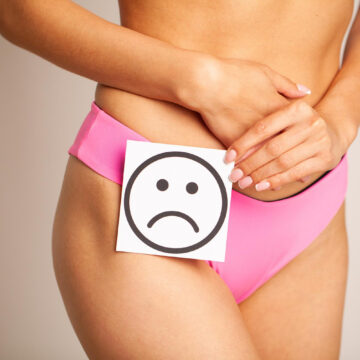 Woman Health Female Body Holding Sad Smile Card Near Stomach